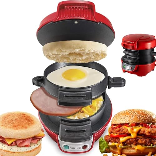 AKILER朝食サンドイッチメーカー、LED電源インジケータライト付き、800W電気バーガーメーカー、ノンスティックコーティング、食器洗い機対応、電子レンジトースティサンドイッチメーカー、簡単な朝食用 (レッド)